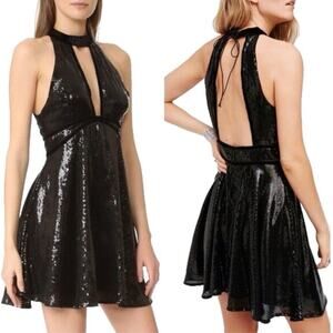 FREE PEOPLE Size 12 'Film Noir' ~ Black Sequins Velvet Trim Halter Club Dress